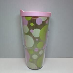 Tervis Tumbler 24 oz Polka Dot Circles Pink Lid Green White Travel Mug